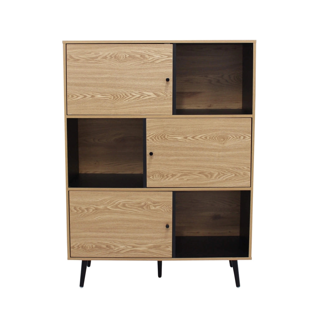 MOBILE ELWOOD NERO E NATURALE CON 3 ANTE E 3 PIANI 100 X 39,5 X H135 CM