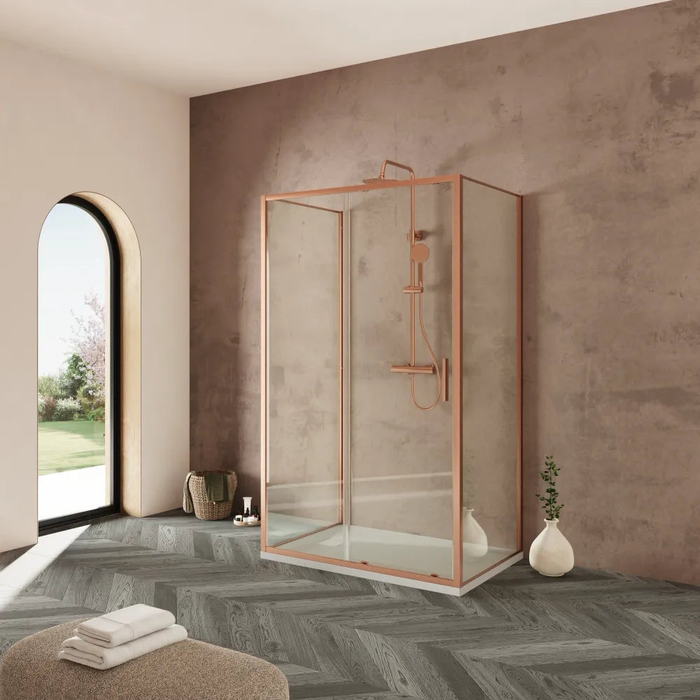 Box doccia tre lati 70x140x70cm con porta scorrevole profili rame spazzolato vetro 6mm trasparente anticalcare h190| Portofino