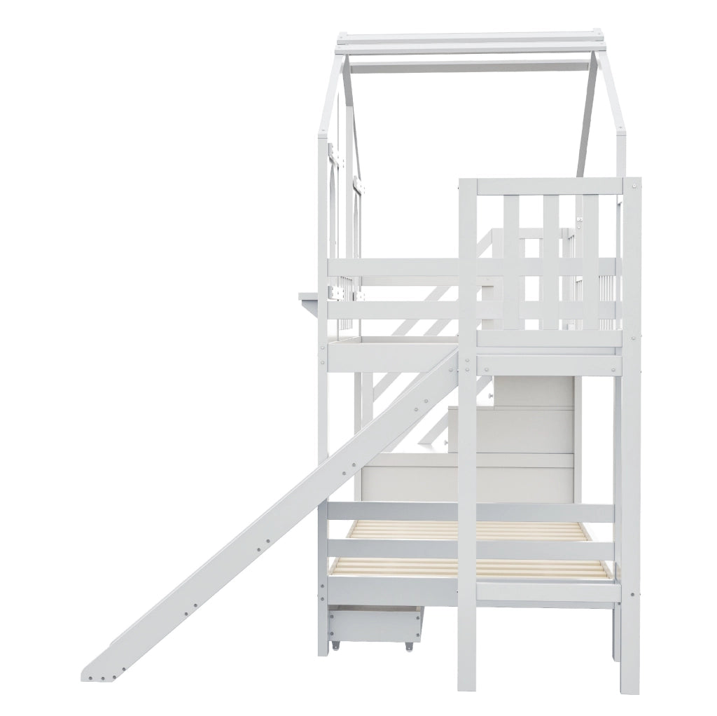 Letto a castello per bambini 90x200 cm con design a casetta, scivolo, scala con contenitore e cassetti, bianco