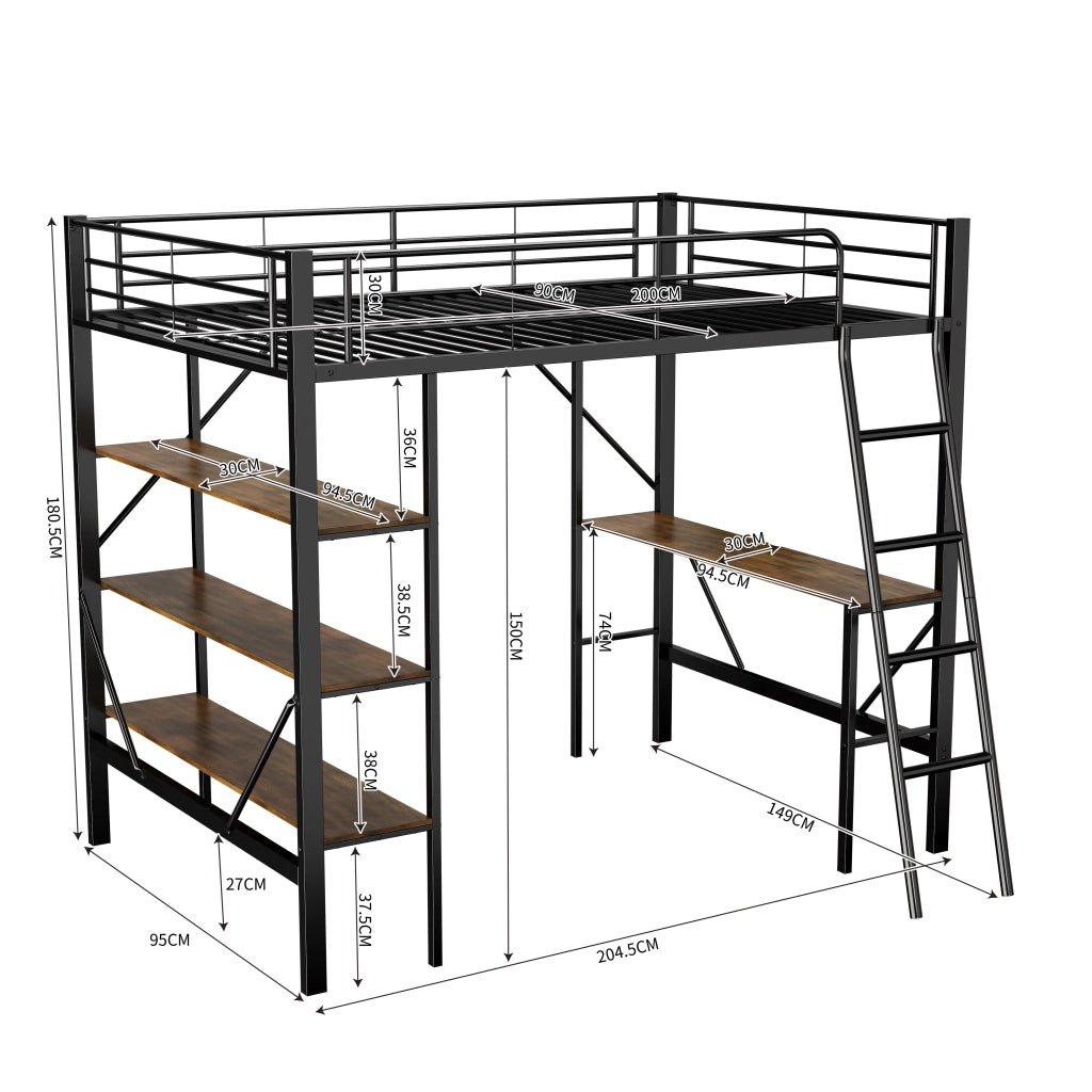 Letto a Soppalco Letto Singolo con Scrivania; 3 Ripiani e Scala 90×200 cm; senza Materasso; Metallo Nero