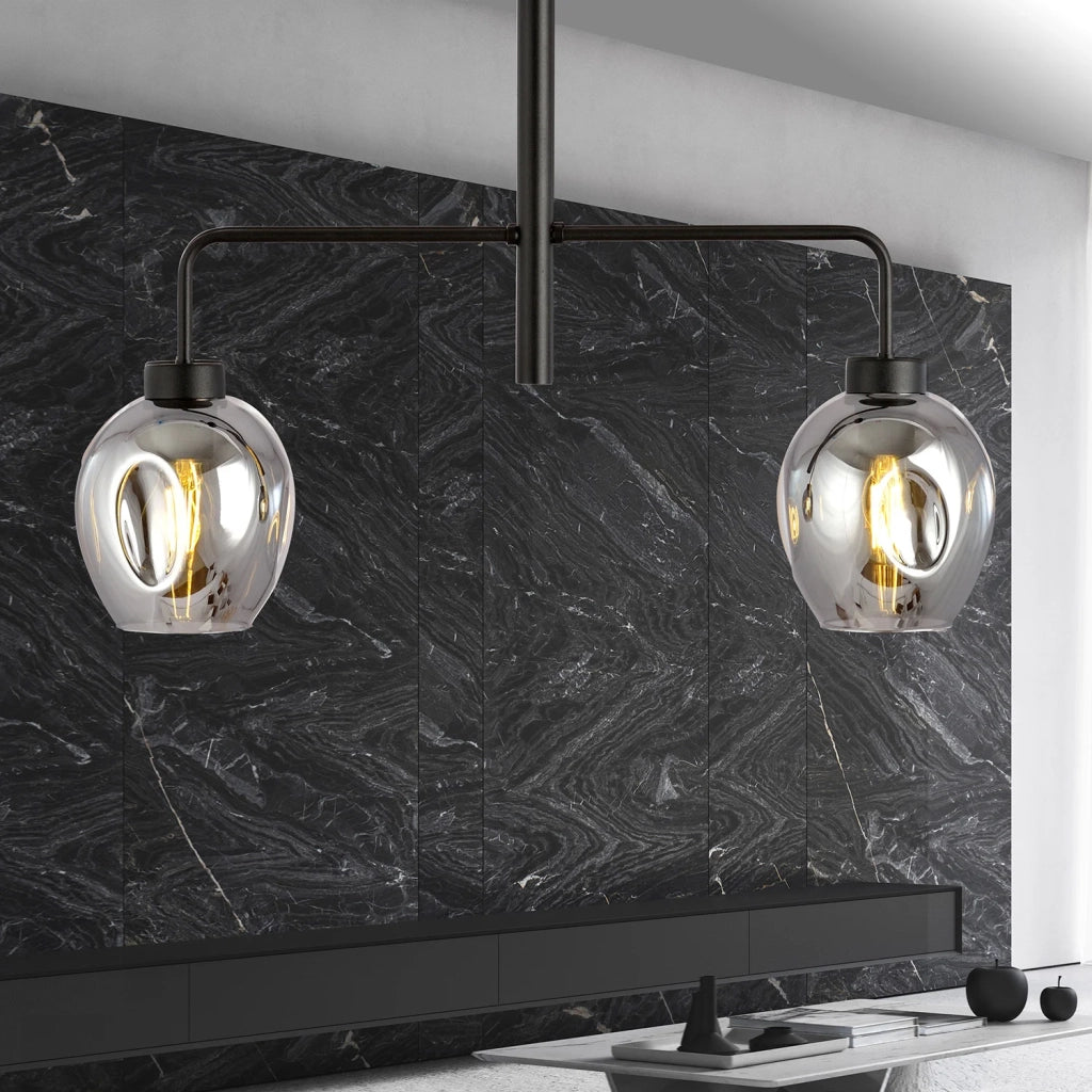 Lampadario Moderno 2 Luci Auriga In Accaio Nero E Vetro Fumè