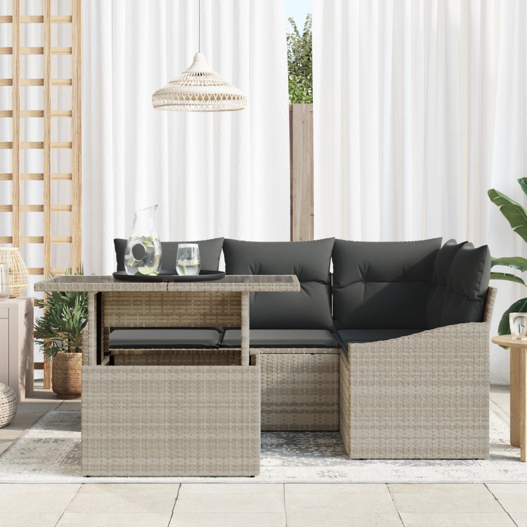 Set Divano da Giardino 5 Pezzi con Cuscini Grigio Chiaro in Polirattan