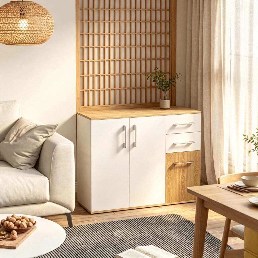 CREDENZA moderna 90 x 30 x 75,5 cm bianco/naturale in MDF e truciolare
