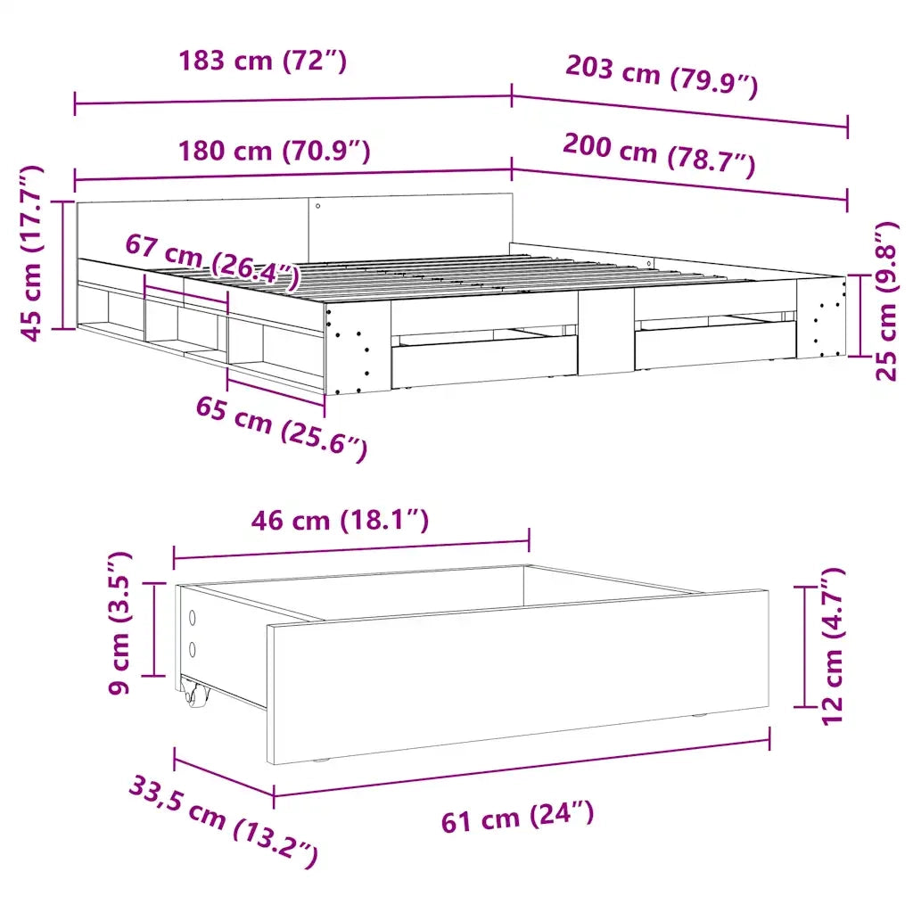 Letto matrimoniale | Letto per adulti | Giroletto Cassetti Grigio Cemento 180x200 cm Legno Multistrato
