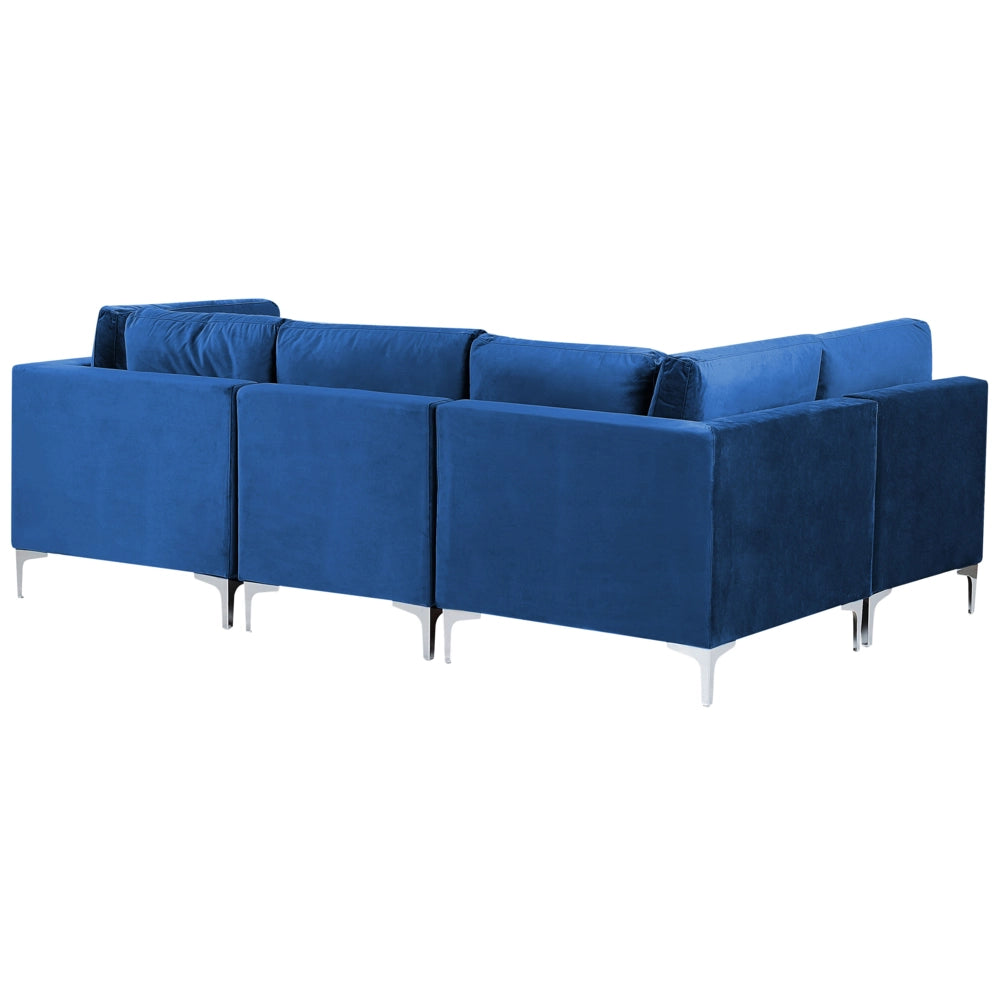 Divano componibile ad angolo versione destra in velluto blu marino 4 posti a forma di L con gambe in metallo argento stile glamour