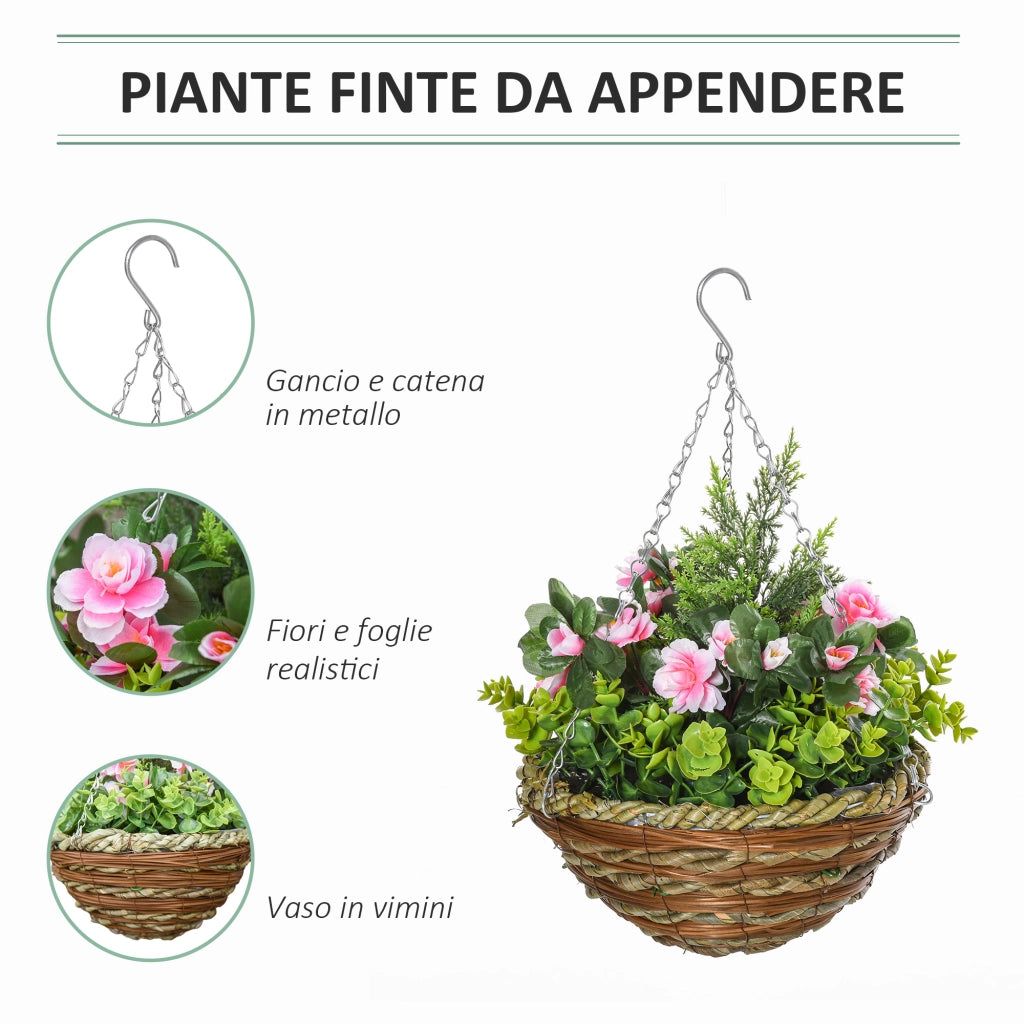EasyComfort Set 2 Piante Finte di Lisianthus con Vaso e Gancio, Piante Artificiali in PE e Vimini, Ø25x34 cm, Verde e Rosa