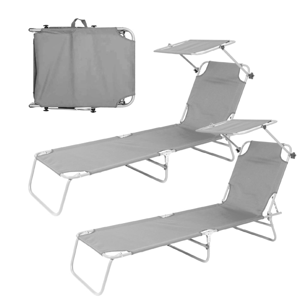 Coppia Lettini Prendisole Pieghevoli con Parasole Regolabile, Schienale Reclinabile in 4 Posizioni, Struttura in Acciaio Anti-Ruggine, Tessuto Impermeabile Anti-UV, Portata 110 kg Grigio