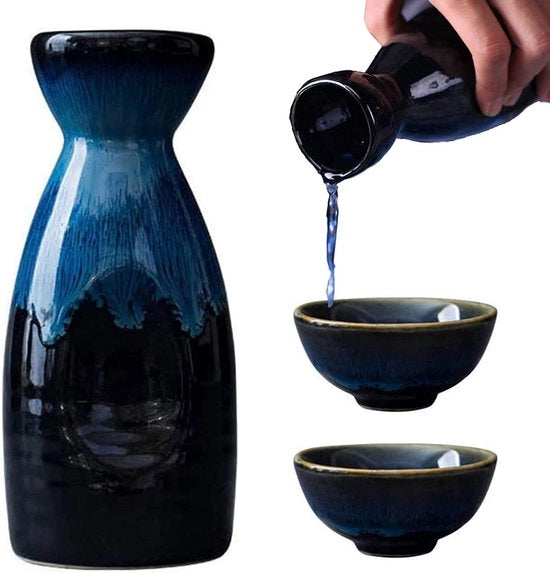 Set di sake ceramico da 3 pezzi, set di sake blu, contenitore di porcellana per uso domestico per sake caldo o freddo