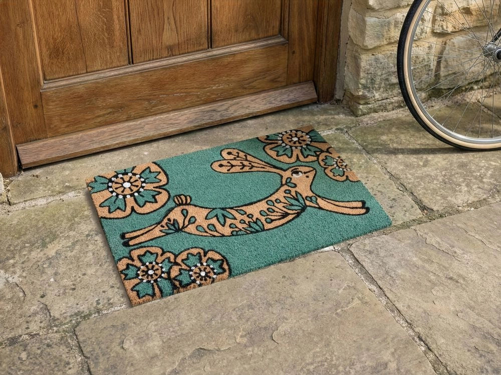 Zerbino Verde acqua Fibra di cocco naturale Retro in PVC Antiscivolo 40 x 60 cm Motivo coniglio Decorazione moderna per interni ed esterni
