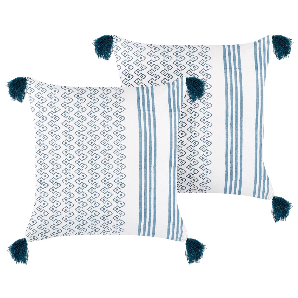 Set di 2 cuscini cotone bianco e blu scuro 45 x 45 cm stampa a blocchi soggiorno camera da letto
