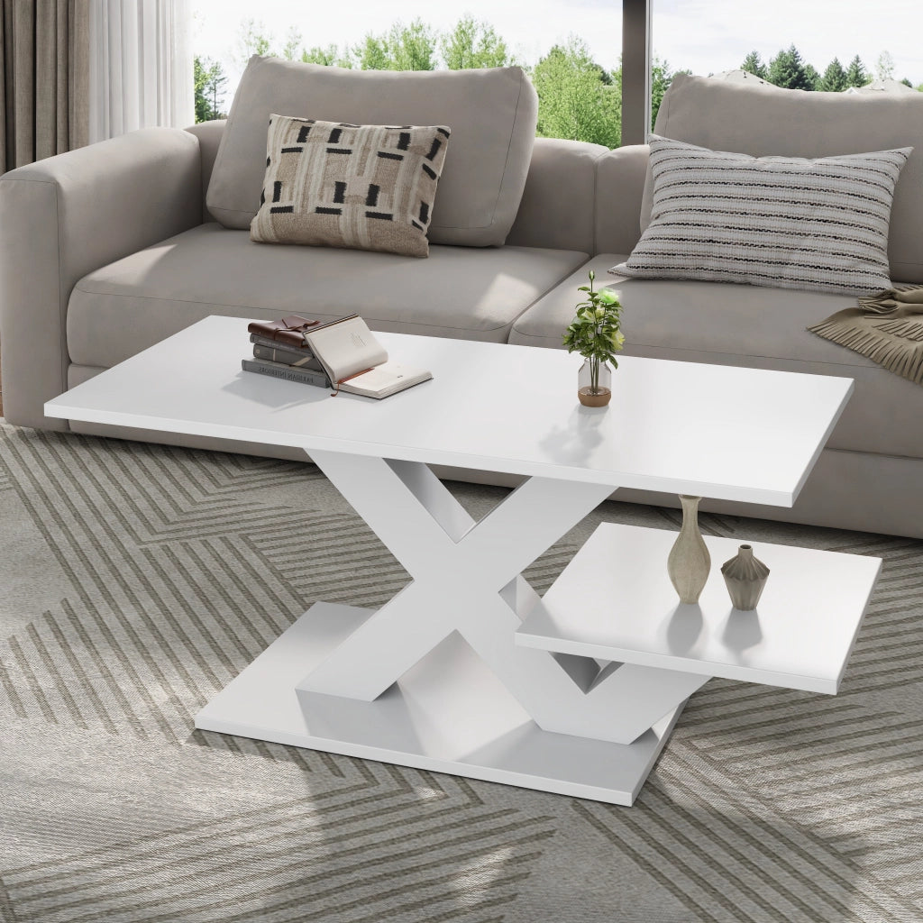 Tavolino lucido, piano a doppio livello, in MDF, con gambe a X, 100x48x45 cm, bianco