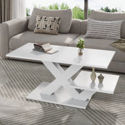 Tavolino lucido, piano a doppio livello, in MDF, con gambe a X, 100x48x45 cm, bianco