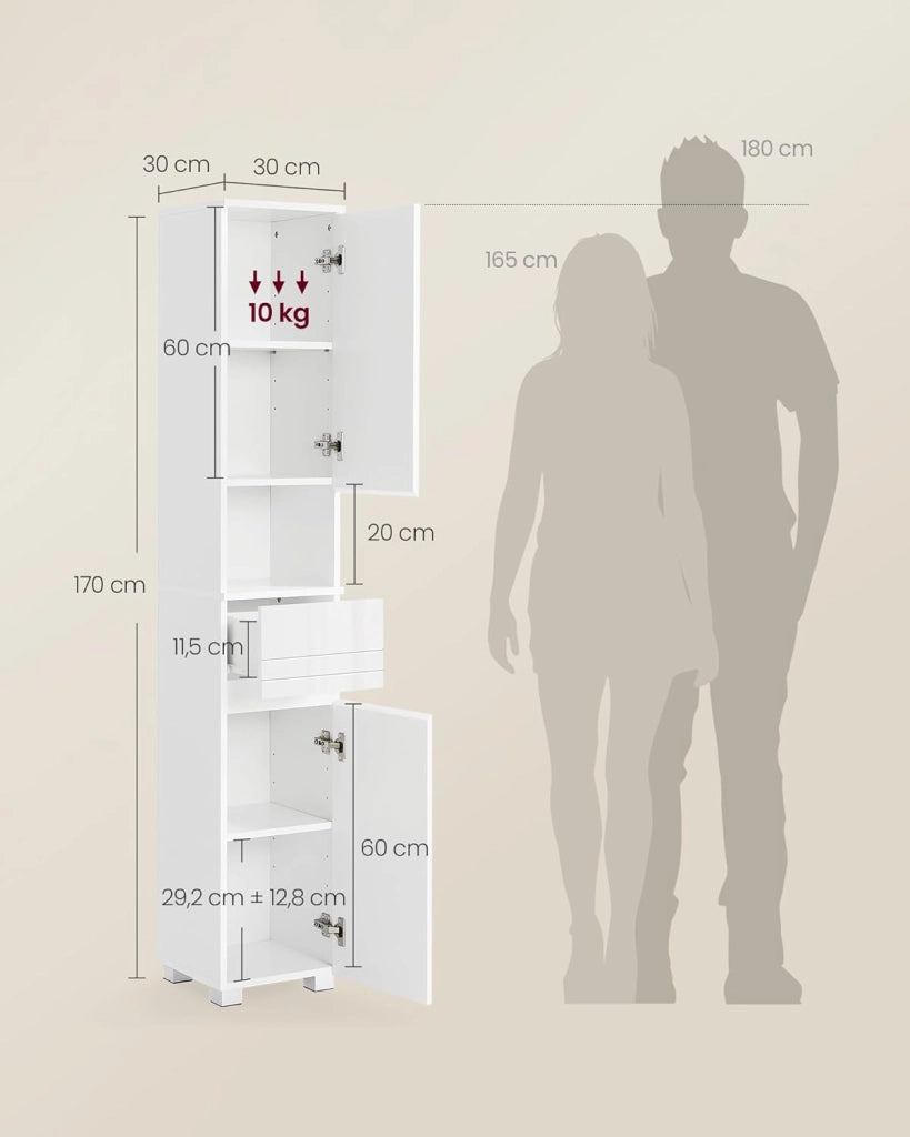 Mobile da Bagno, Mobiletto Portaoggetti, Alto, con Cassetto, Ripiani Regolabili, Scomparti, 30 x 30 x 170 cm, Bianco Nuvola BBC560P31