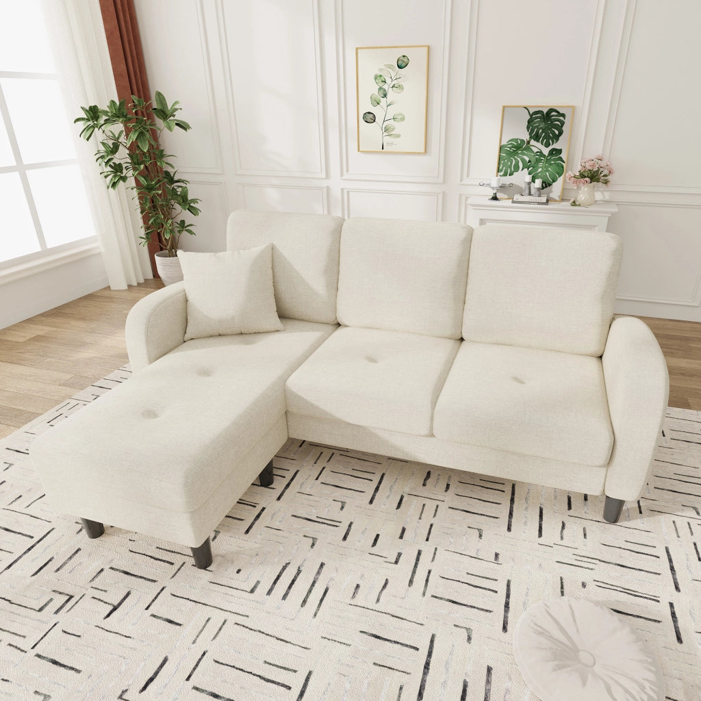 Divano angolare reversibile 3 posti con chaise longue, design modulare, in schiuma e tessuto, Beige chiaro
