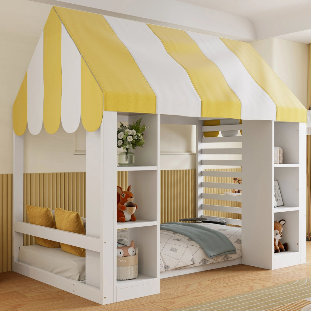 Letto per Bambini 90x200 cm con Baldacchino; 2 Scomparti Aperti in Legno Bianco