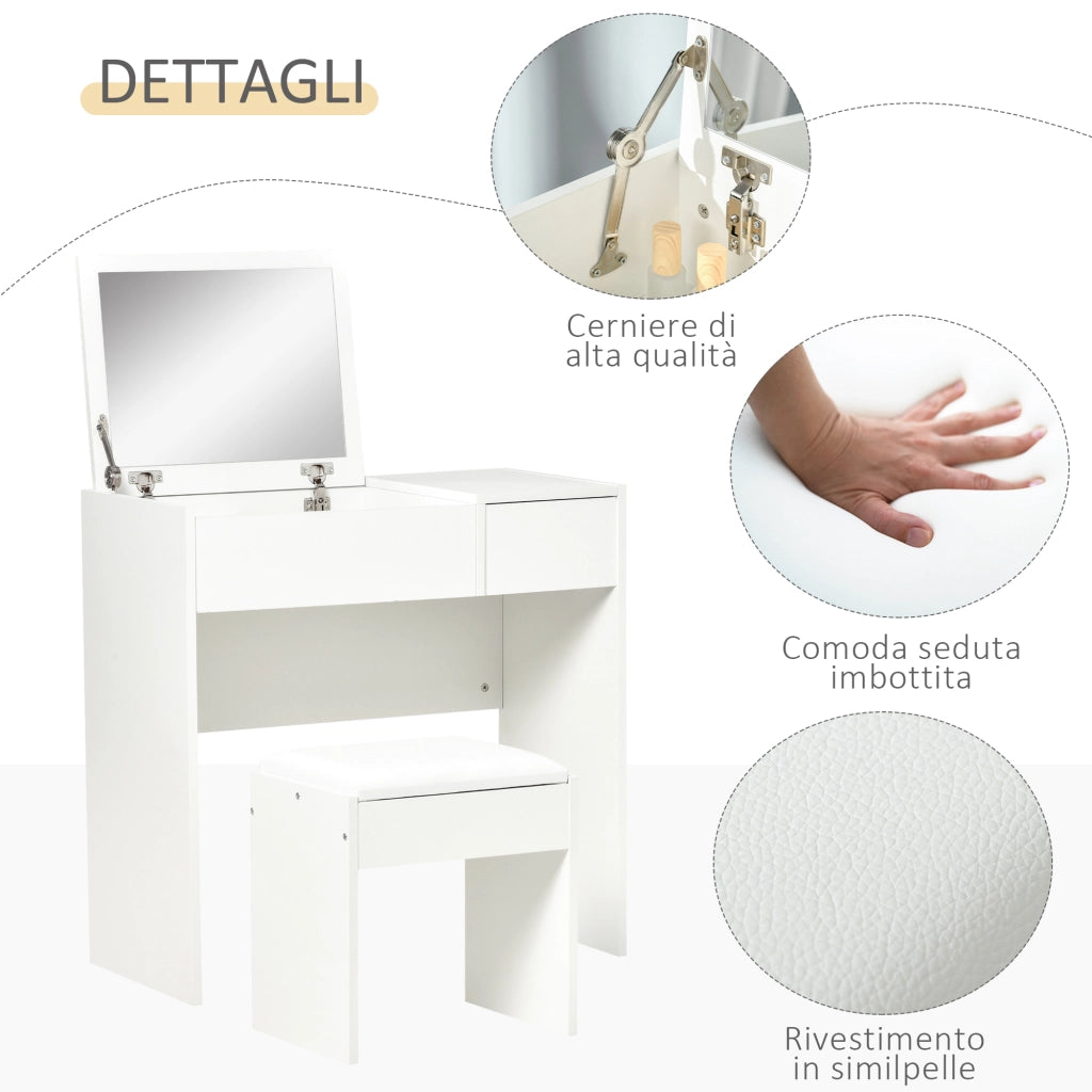 Cassettiera Trucco con Specchio Richiudibile e Sgabello ¨C zephmum ¨C MDF Bianco, 80x40x79 cm