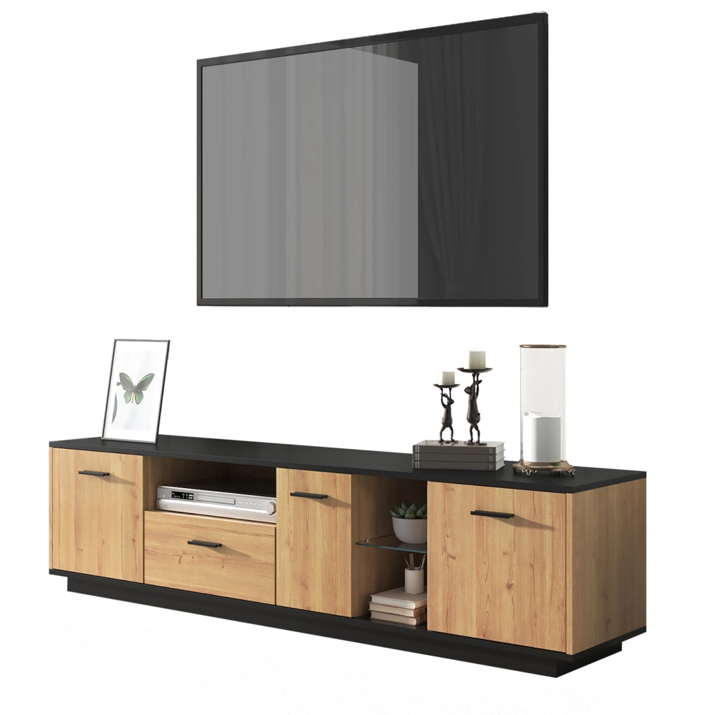 Mobile TV con Cassetto, 3 Ante e Vetro ¨C Xylo ¨C Nero, Legno Naturale, LED