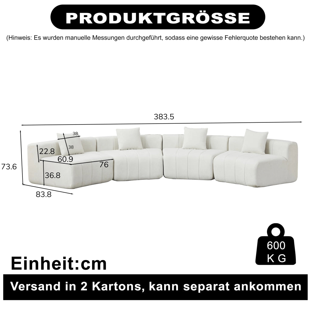 Divano modulare curvo in chenille beige con 2 cuscini, design a tasti di pianoforte, senza montaggio