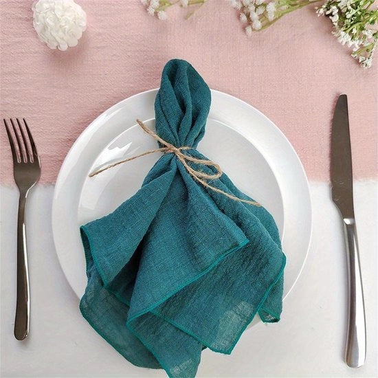 Set di asciugamani in lino da 12 pezzi, in tessuto libero, adatto per riunioni, feste e altre occasioni. 32*32cm, Blu-verde