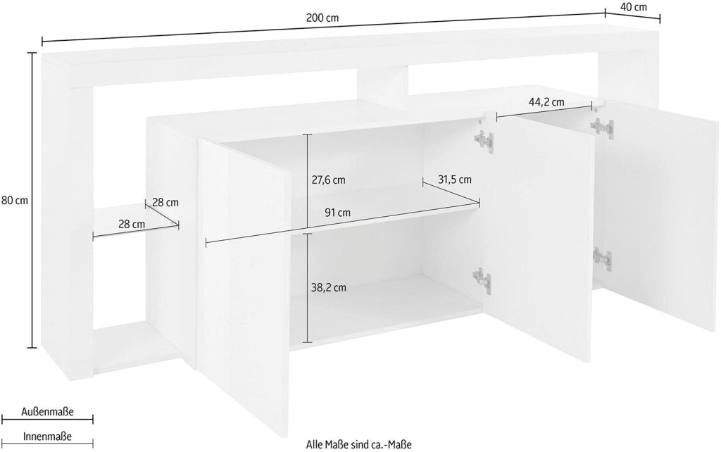 Credenza con 3 Ante e Ripiani in Vetro a Giorno 200x40x80 cm Essential 3A Bianco Lucido