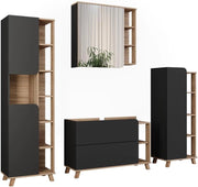 Set di mobili da bagno Karen, Sonoma/antracite, 100 cm, composto da mobile lavabo, pensile a specchio, colonna e base media