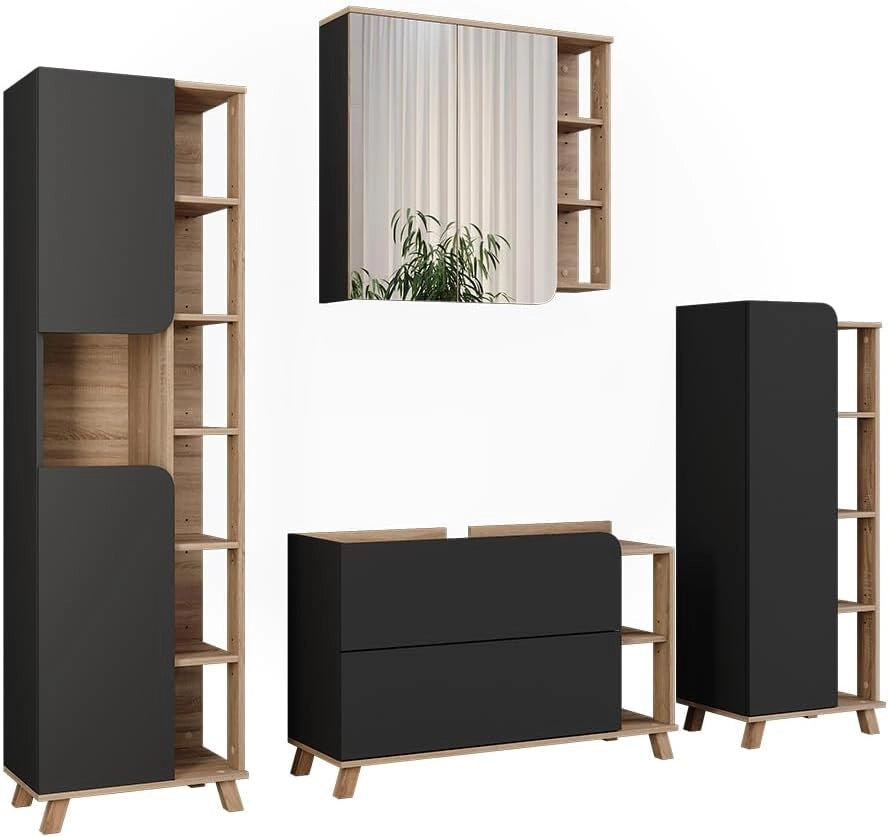 Set di mobili da bagno Karen, Sonoma/antracite, 100 cm, composto da mobile lavabo, pensile a specchio, colonna e base media