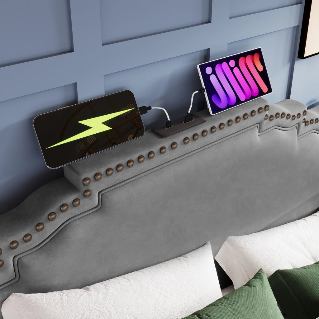DESMIU Letto con contenitore 160 × 200 cm 2 posti con 4 cassetti, LED, USB e Type-C, senza materasso, in velluto grigio