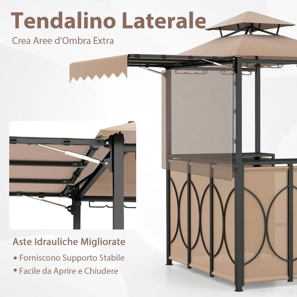 Gazebo per Barbecue, Pergola per BBQ con Tavolo Bar e 2 Sgabelli Bar Pieghevoli, Ripiani di Stoccaggio in Metallo, per Giardino e Cortile, 193 x 117 x 240 cm (Marrone)