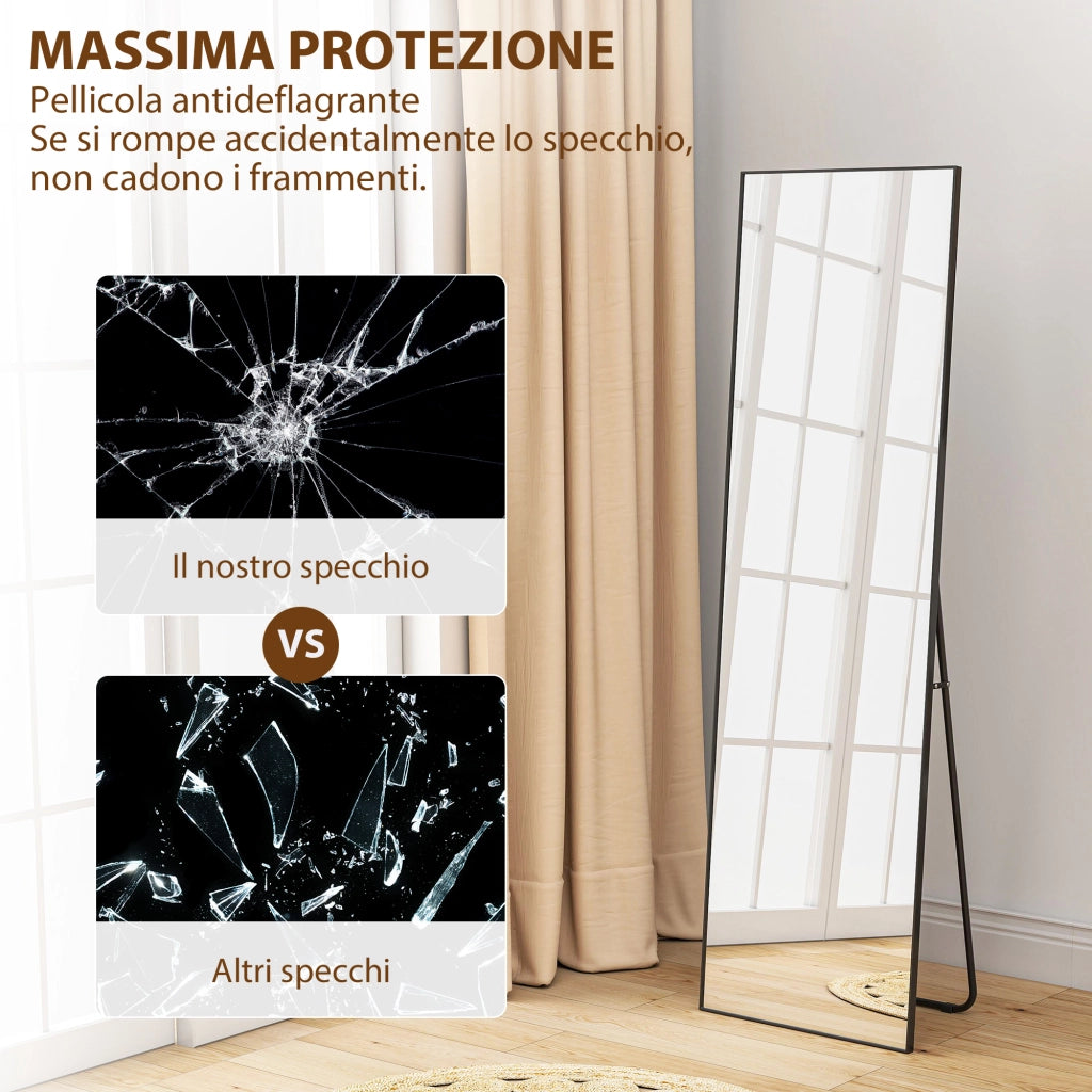 Specchio a Figura Intera da Terra o a Parete 50x2x161,5 cm in Metallo e Lega di Alluminio Nero