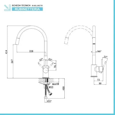 Miscelatore cucina lavello e lavanderia nero canna alta orientabile snodata Snake