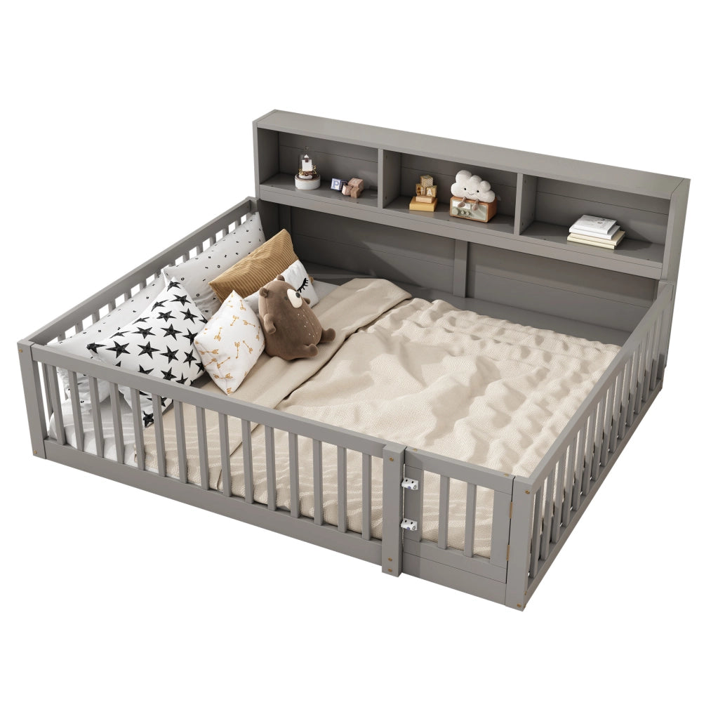 Letto daybed 205x164.5x87 cm con sponde di sicurezza e vani laterali in legno di pino e MDF grigio