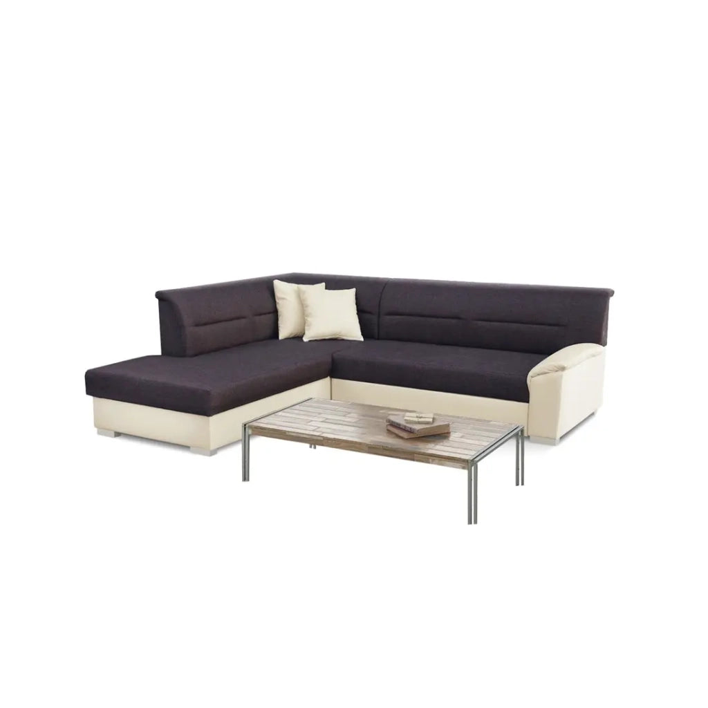 Divano angolare convertibile TROMSO marrone e beige – Angolo sinistro con contenitore