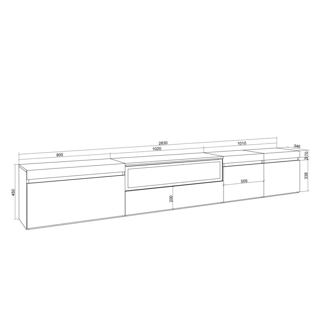 Mobile TV Soggiorno, 288x45x35 cm, TV di grande formato, Camino elettrico, Sospeso, da appendere, Bianco e Rovere soft