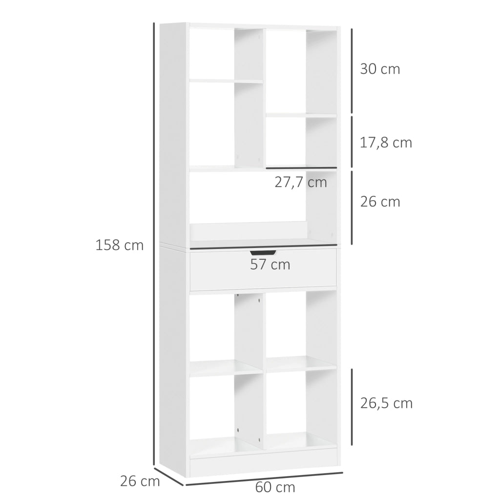 Libreria in Legno con 1 Cassetto e 9 Scomparti ¨C zephmum ¨C 60x26x158 Bianco
