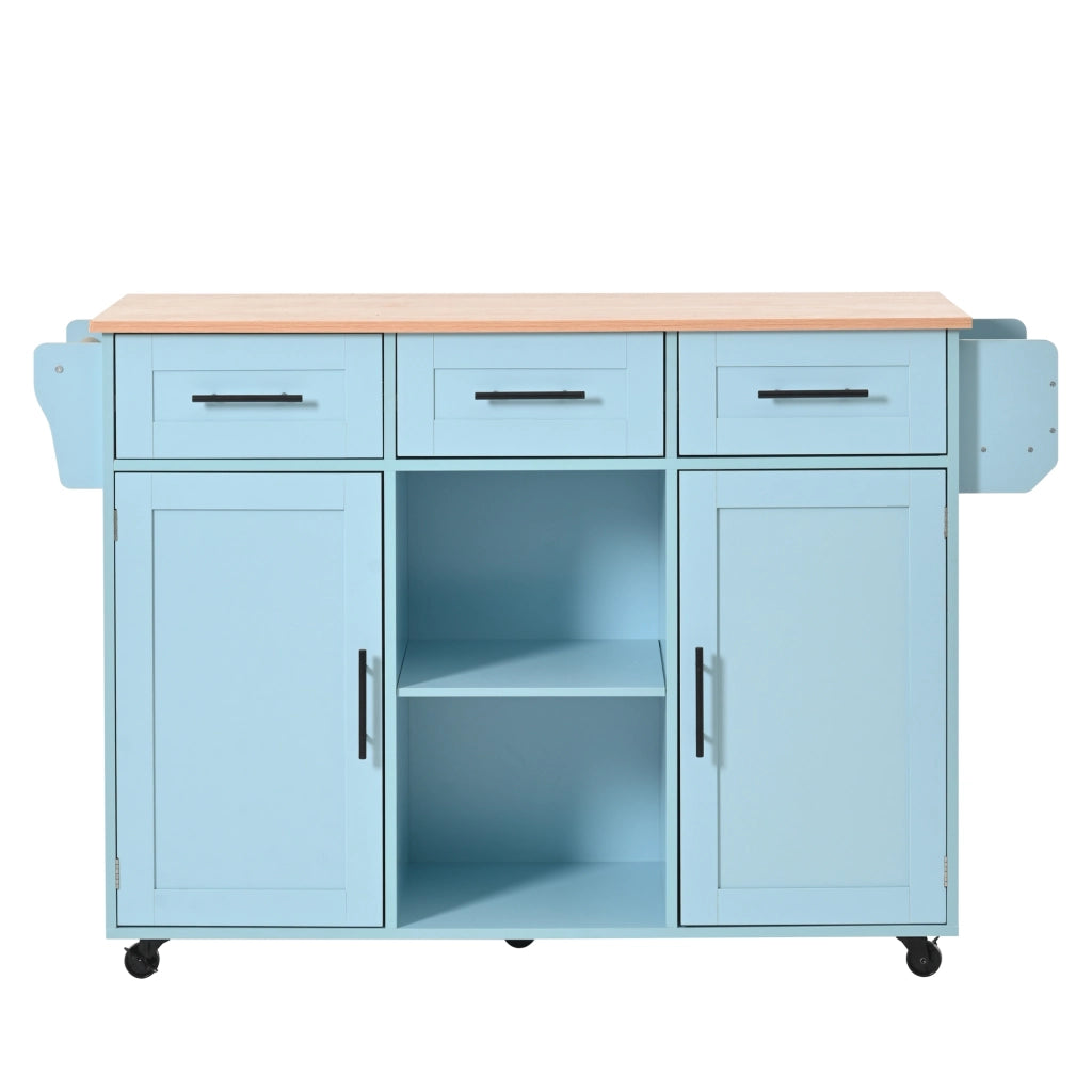Isola da Cucina Mobile 139x46/71x91;5 cm Blu con Piano Ribaltabile; 3 Cassetti; Ruote e Gambe in Legno