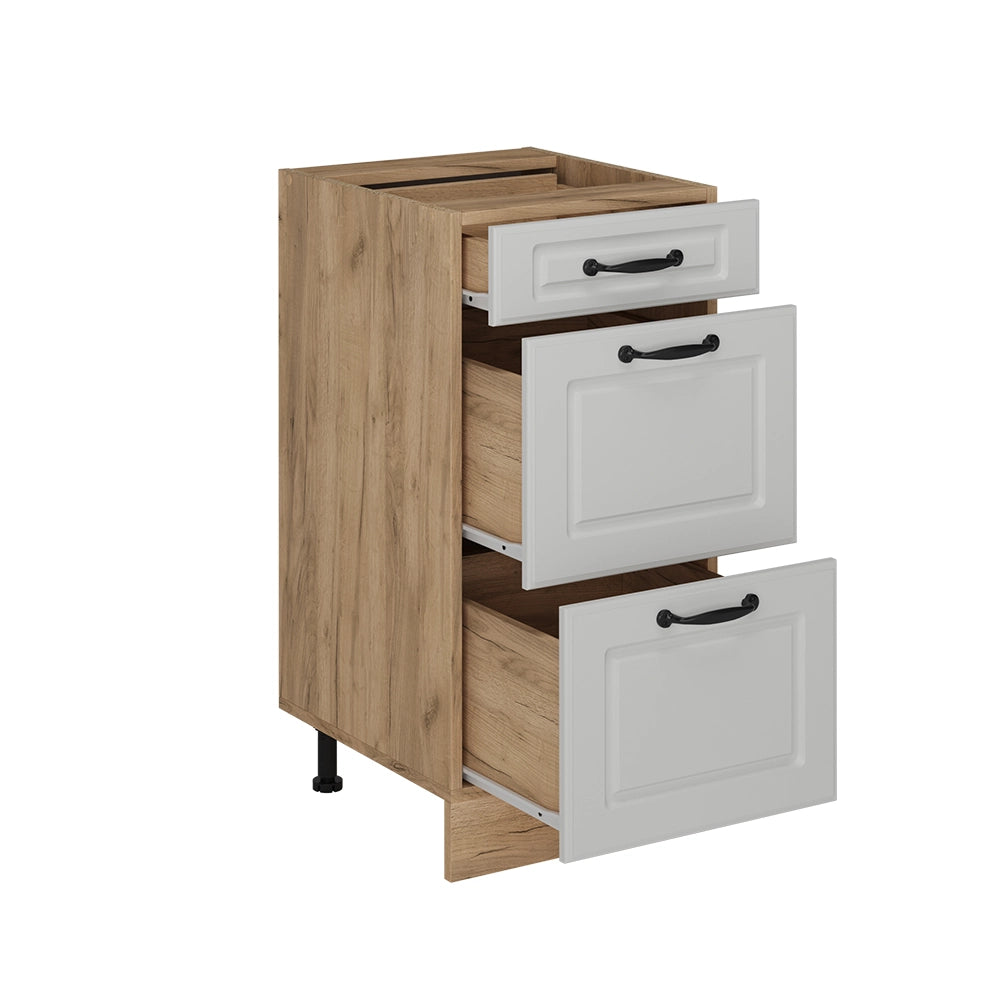 Mobiletto base per cucina R-Line Bianco rustico/Rovere dorato 40 cm con cassetti, senza piano di lavoro Vicco