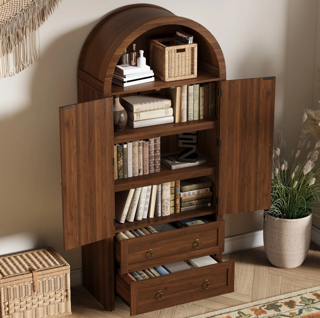 Credenza 80x40x180 cm con ripiani aperti e doppio cassetto in MDF noce
