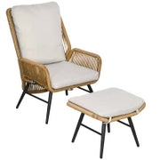Poltrona da giardino con poggiapiedi in rattan PE, schienale inclinabile e cuscini, design bohémien