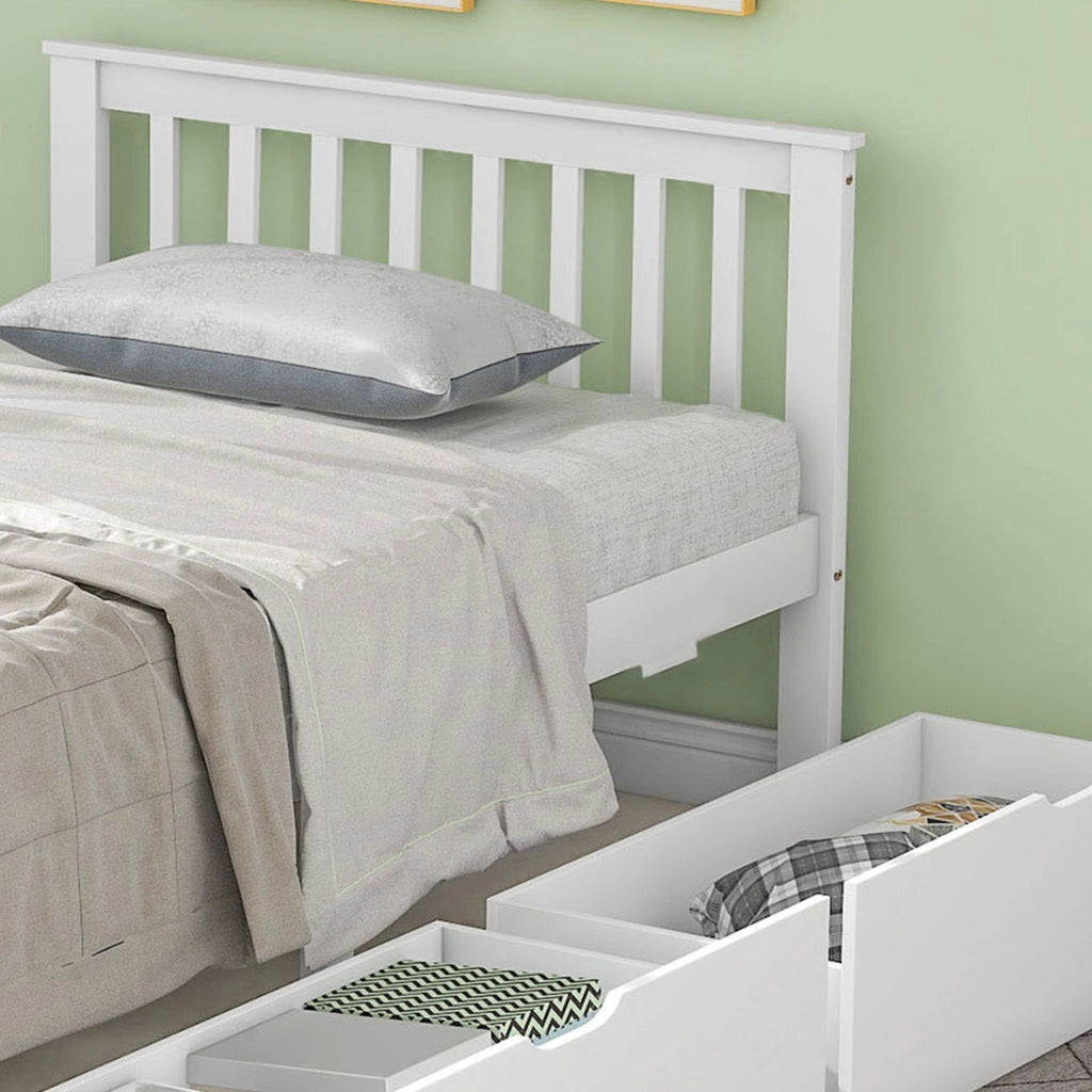 Letto singolo bianco con 2 cassetti contenitore, struttura in legno massello