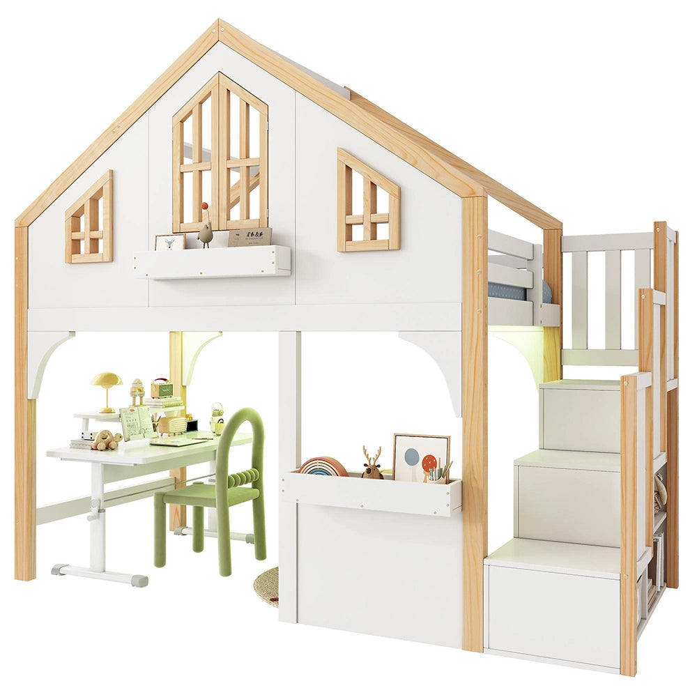 Letto a soppalco per bambini - Xylo - 90x200 cm - Bianco e colore naturale - LED e scala con vano