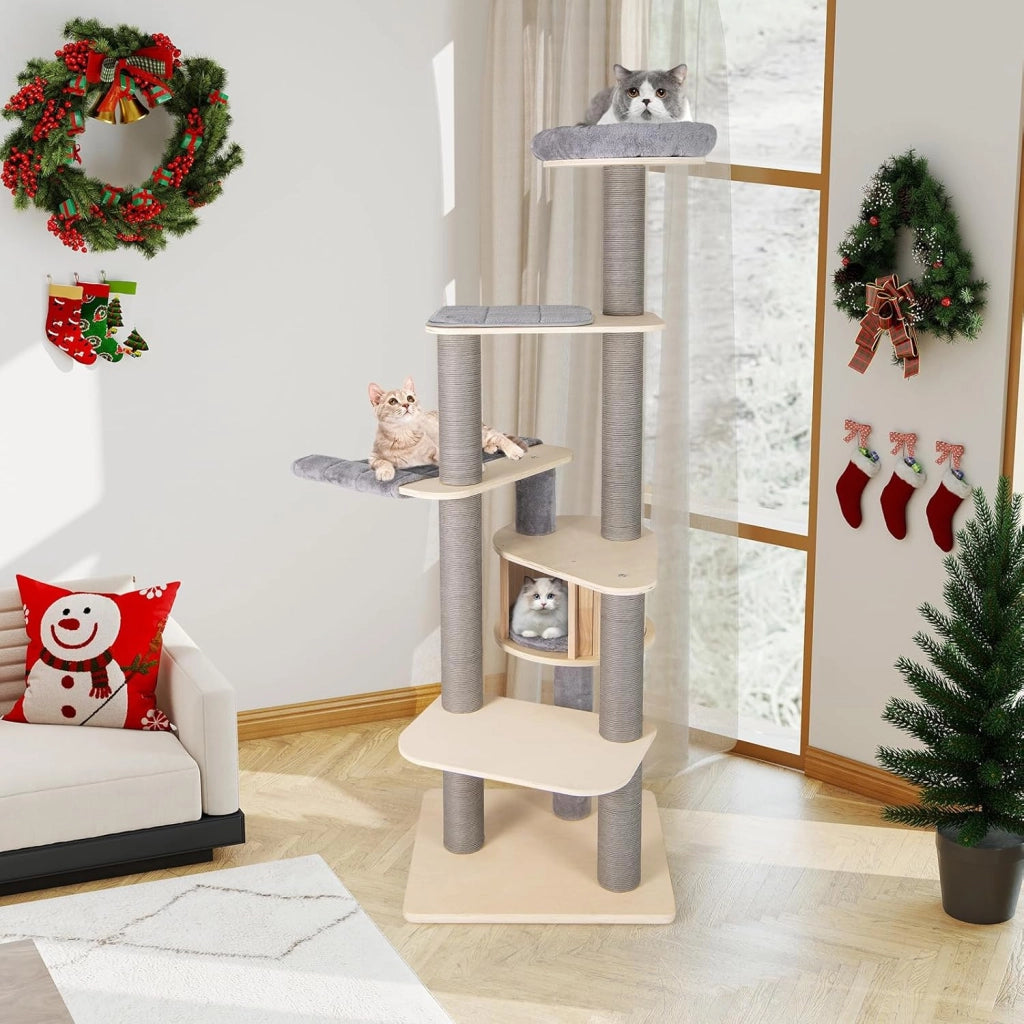 Albero per Gatti Alto 197 cm, Tiragraffi per Gatti con Comodo Trespolo Imbottito Superiore, Condominio Privato per Gatti, Materassini Staccabili, Pali per Graffiare e Amaca Confortevole