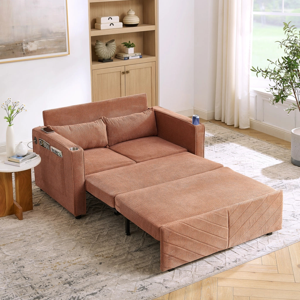 Divano letto 3 in 1 con sistema scorrevole e porte USB per soggiorno ufficio e ospiti in legno e tessuto arancione