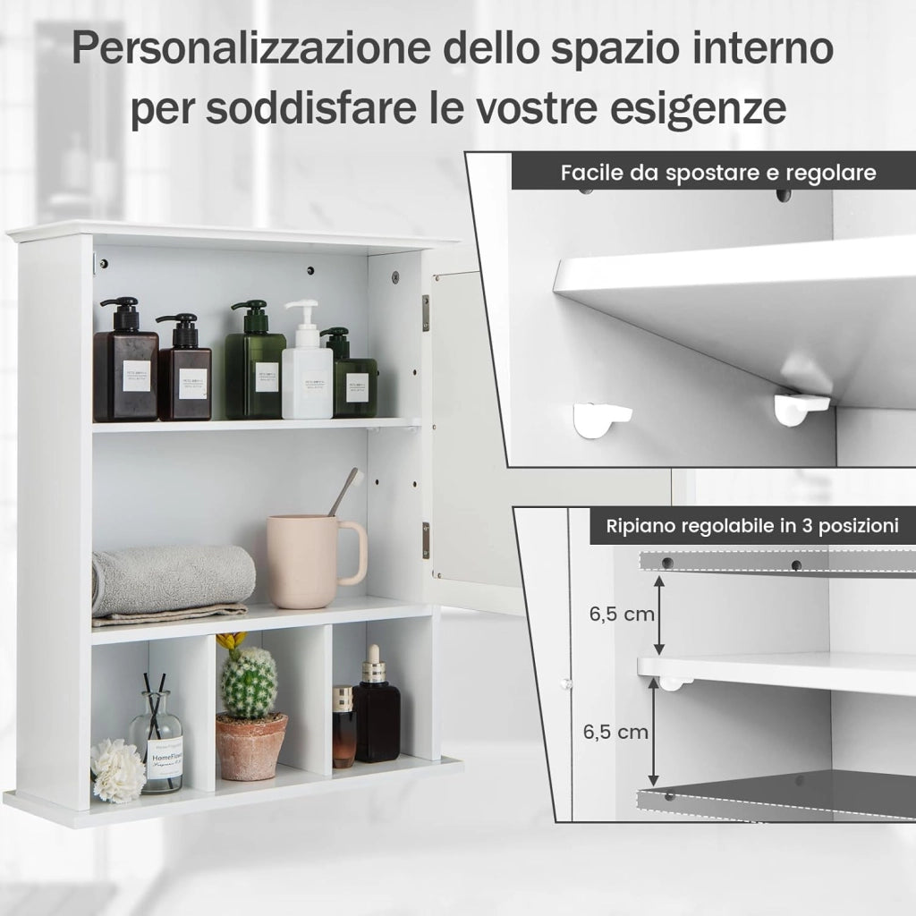 Mobiletto Bagno con Specchio in Legno, Armadio Farmacia da Muro, Armadietto da Parete per Bagno, 50 x 16 x 61 cm (Bianco)