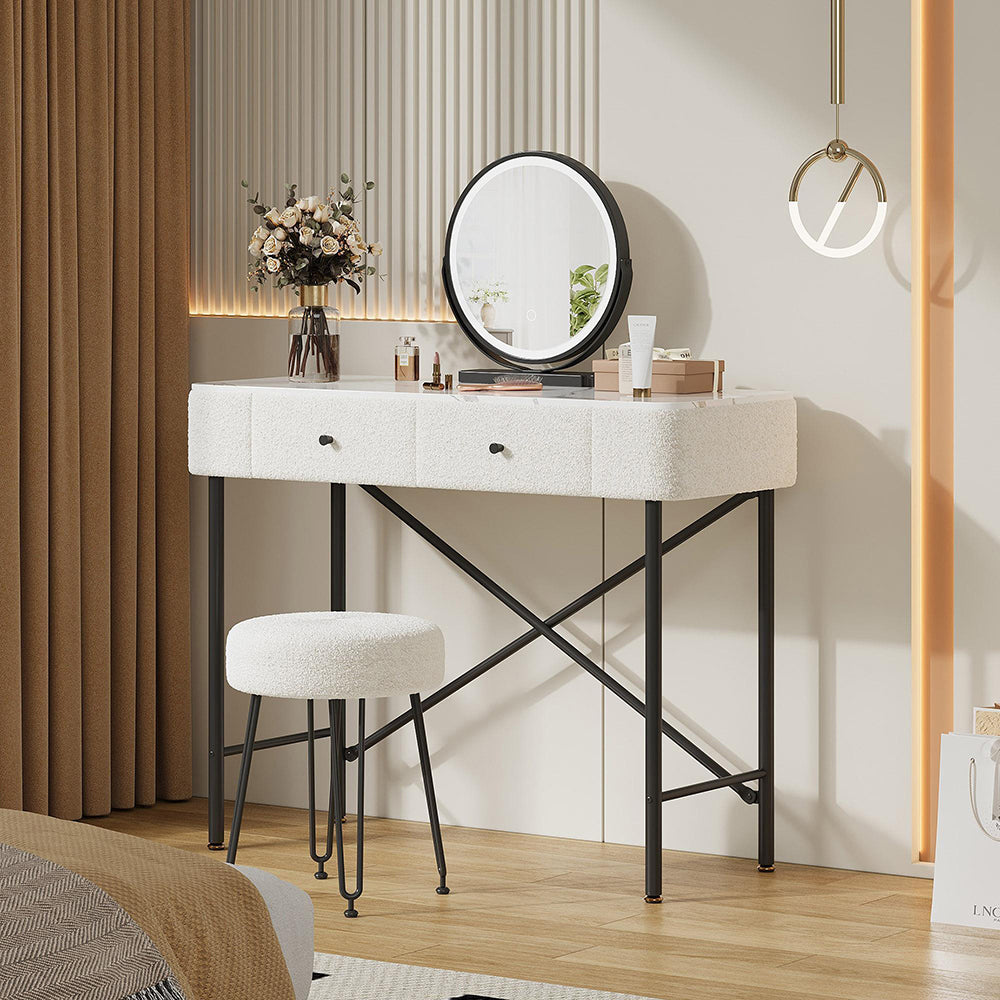 Toilette con illuminazione e sgabello - Xylo - Specchio LED, 2 cassetti, piano marmo, moderno, decor polare, nero e bianco, 100x40x120cm