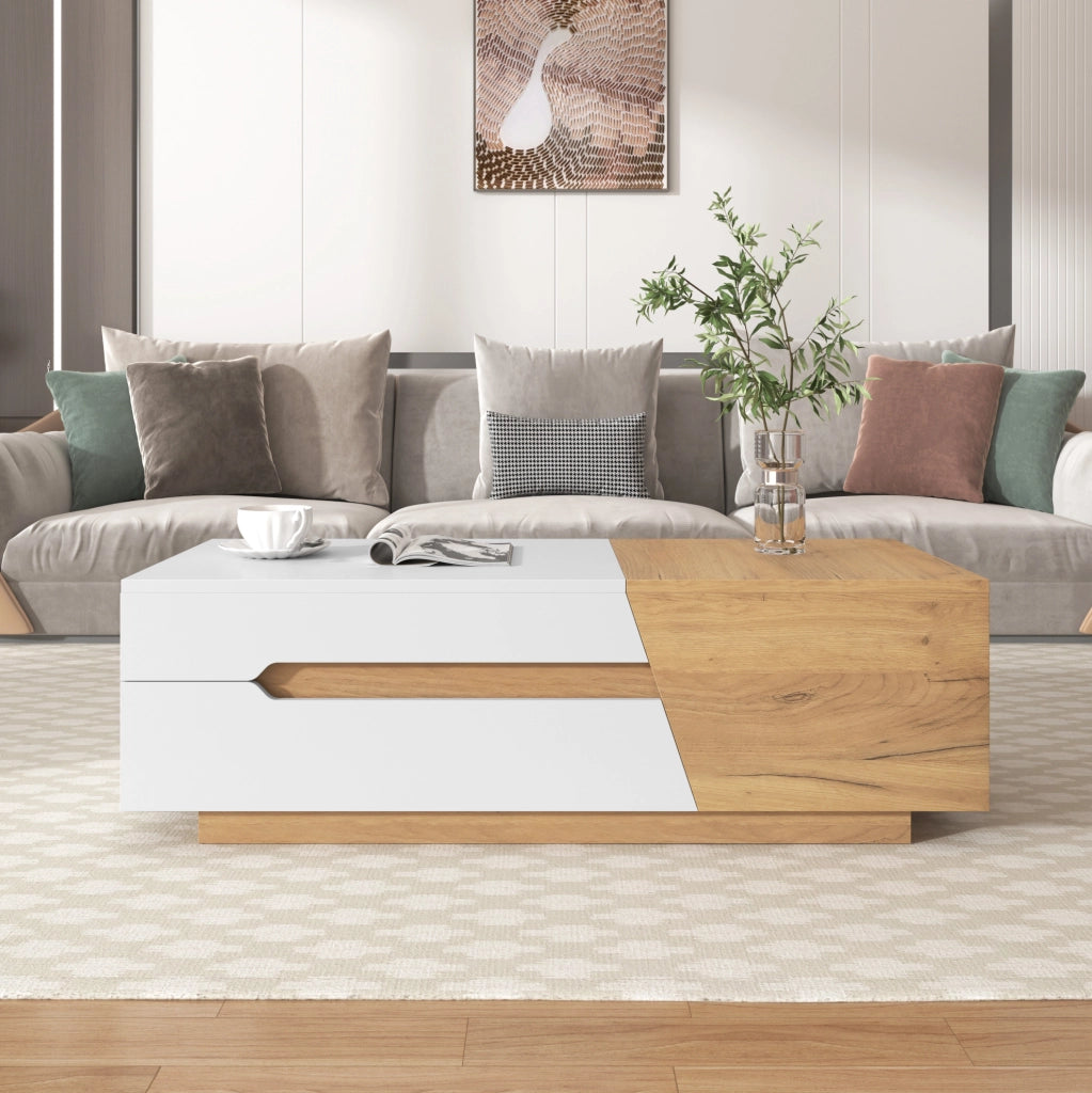 Tavolino da caffè scorrevole 120x50x37;5 cm con 2 cassetti in MDF bianco e naturale