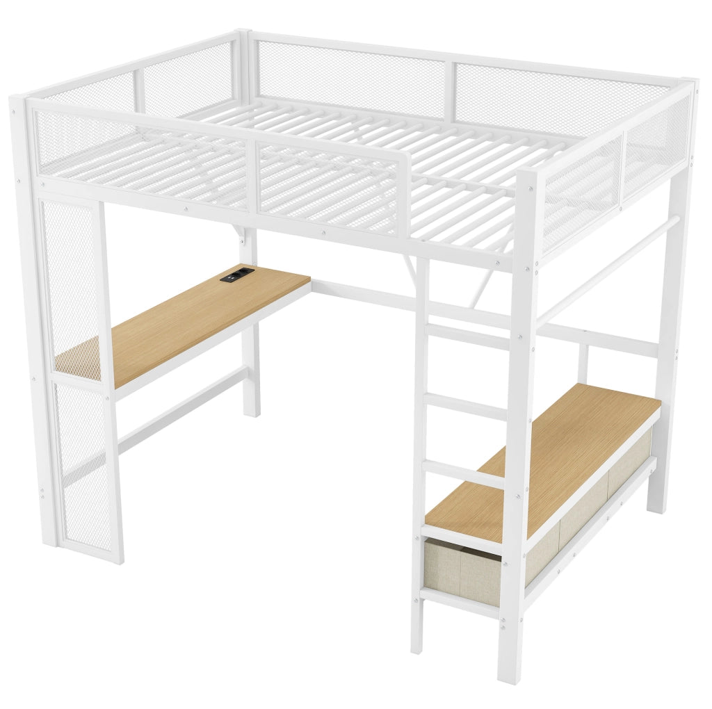 Letto a soppalco 140x200 cm con scrivania; LED e 3 cassetti in metallo e MDF bianco