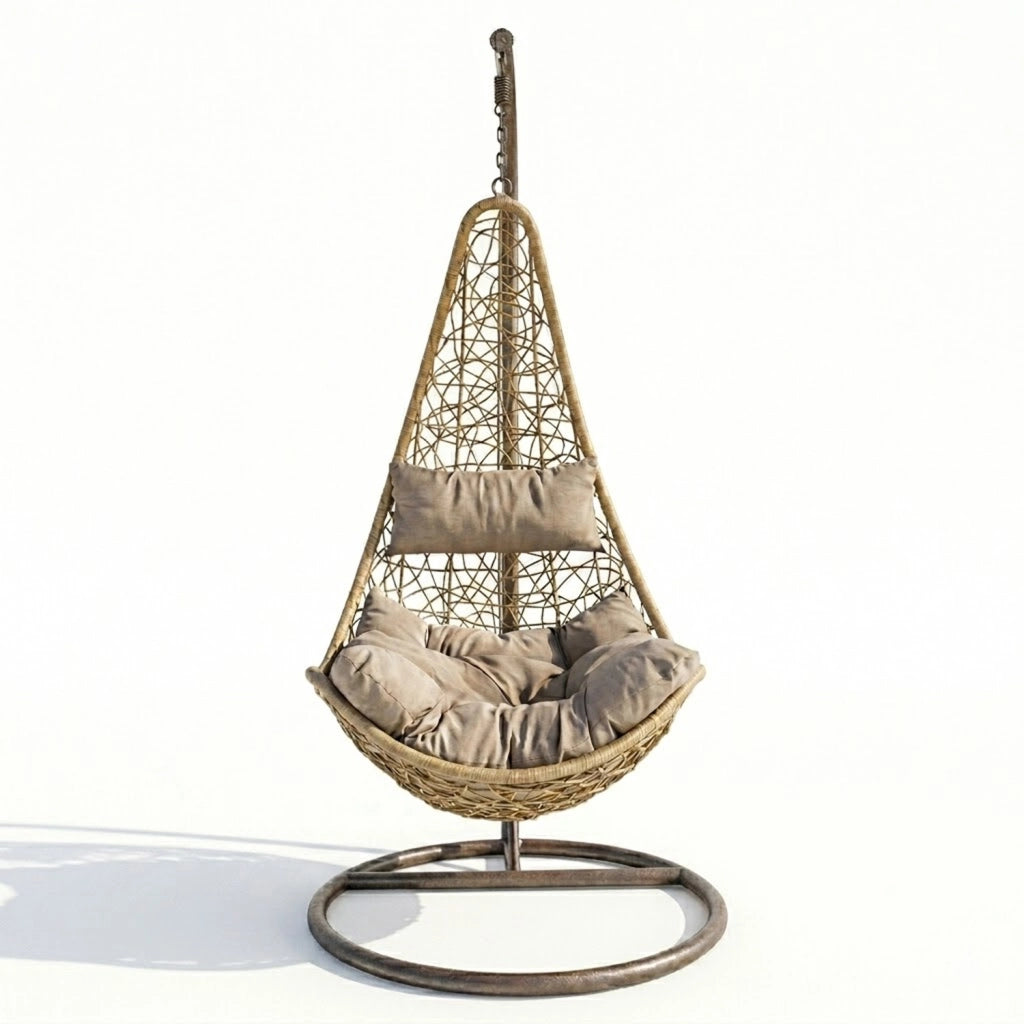 Poltrona Amaca Sospesa Con Telaio Indipendente In Metallo Seduta Ergonomica In Polyrattan E Cuscino Morbido Con Appoggiatesta Arredo Relax Per Giardino Patio Terrazzo E Balcone 105 x 195 Cm Beige
