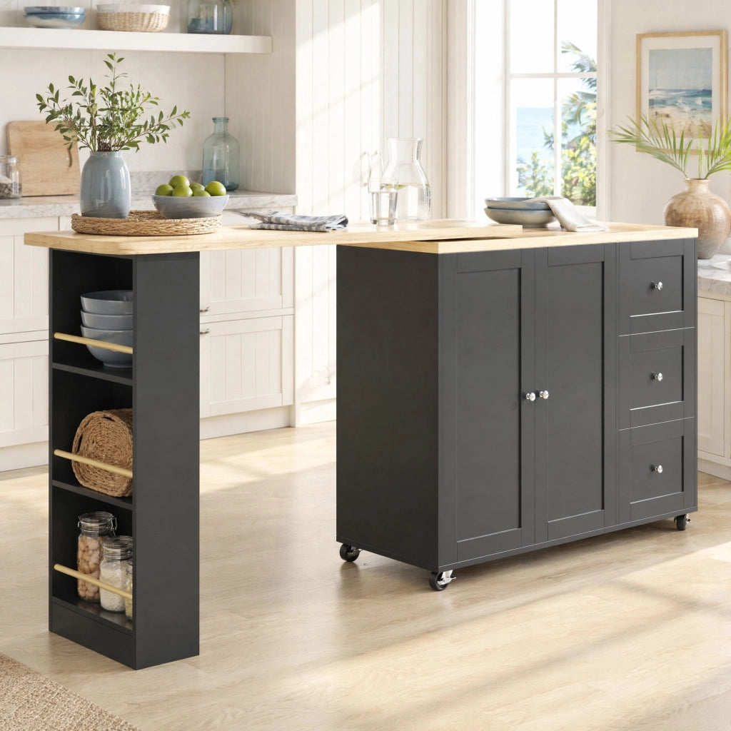 Carrello da Cucina con 3 Cassetti; 2 Ante e 3 Ripiani; Girevole a 360° con Ruote; Nero
