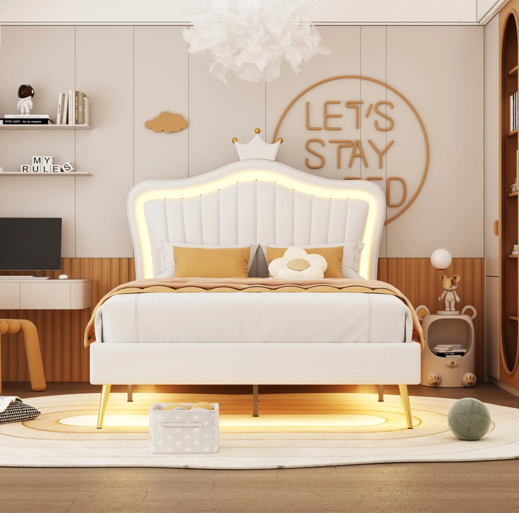Letto per bambini imbottito 90x200 cm bianco con testiera a conchiglia e LED