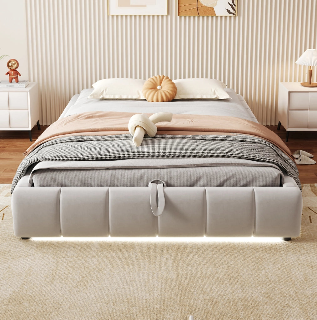 Letto imbottito 140x200 cm con vano contenitore LED beige